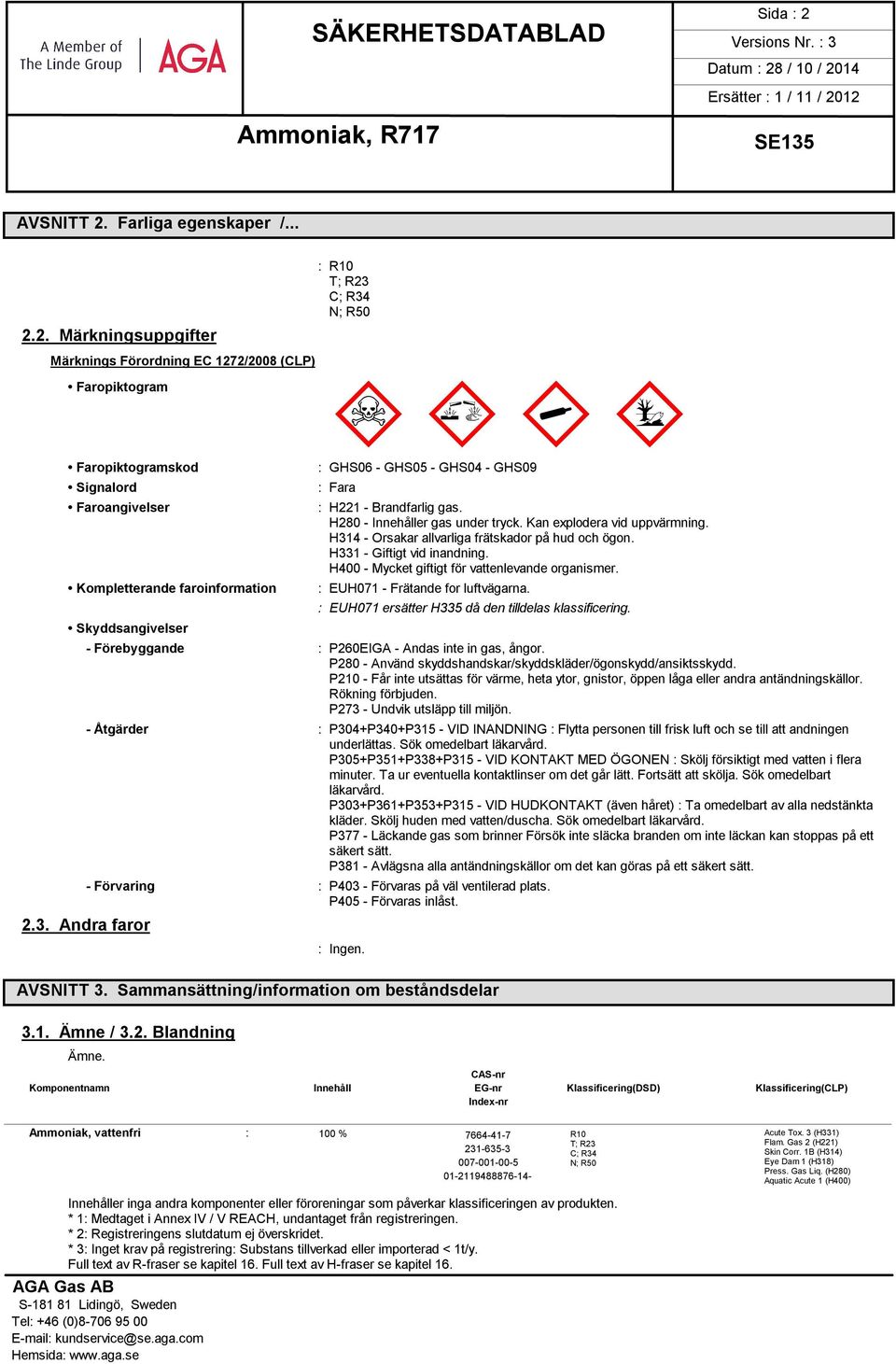 H314 - Orsakar allvarliga frätskador på hud och ögon. H331 - Giftigt vid inandning. H400 - Mycket giftigt för vattenlevande organismer. : EUH071 - Frätande for luftvägarna.