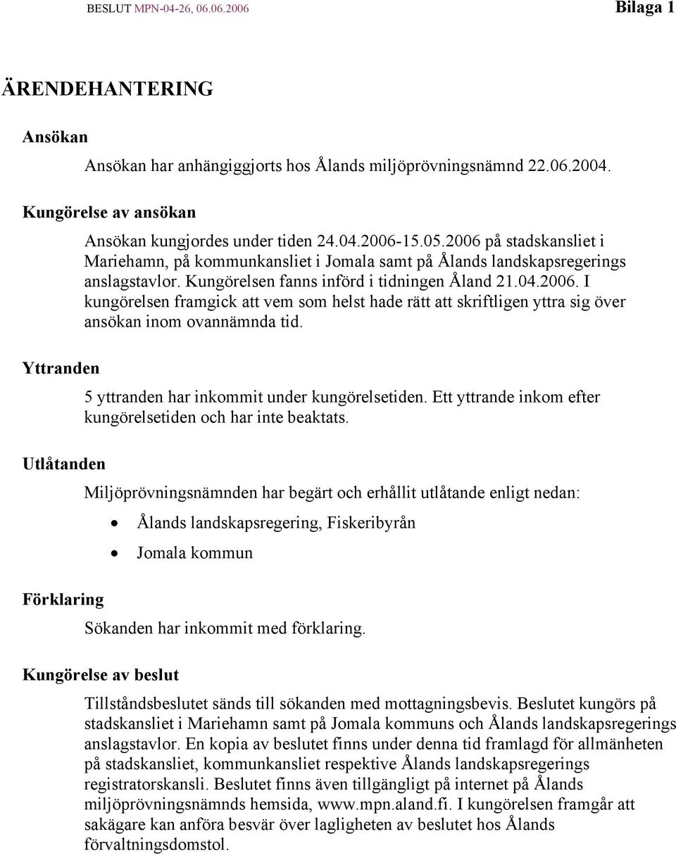 2006 på stadskansliet i Mariehamn, på kommunkansliet i Jomala samt på Ålands landskapsregerings anslagstavlor. Kungörelsen fanns införd i tidningen Åland 21.04.2006. I kungörelsen framgick att vem som helst hade rätt att skriftligen yttra sig över ansökan inom ovannämnda tid.