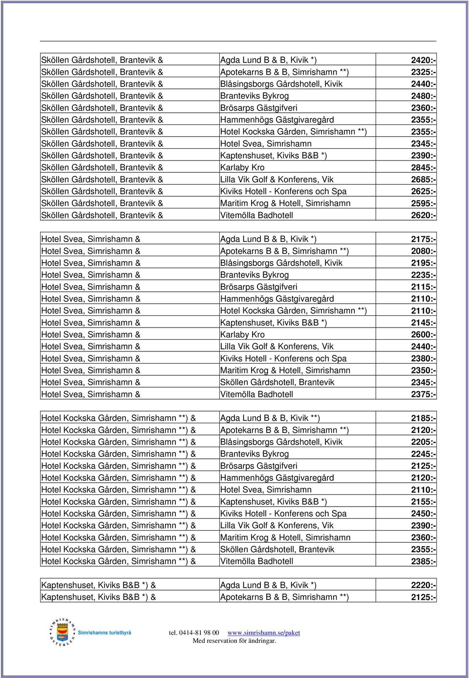 Sköllen Gårdshotell, Brantevik & Hotel Kockska Gården, Simrishamn **) 2355:- Sköllen Gårdshotell, Brantevik & Hotel Svea, Simrishamn 2345:- Sköllen Gårdshotell, Brantevik & Kaptenshuset, Kiviks B&B