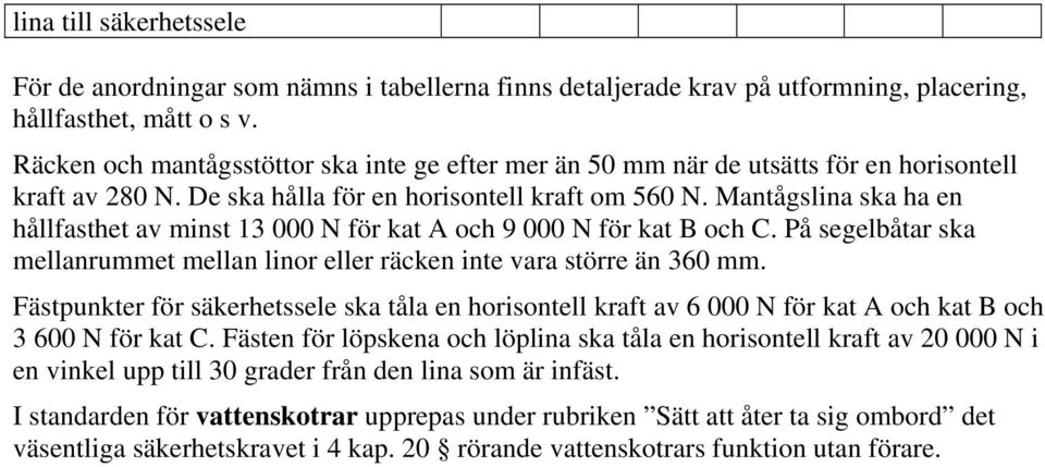 Mantågslina ska ha en hållfasthet av minst 13 000 N för kat A och 9 000 N för kat B och C. På segelbåtar ska mellanrummet mellan linor eller räcken inte vara större än 360 mm.