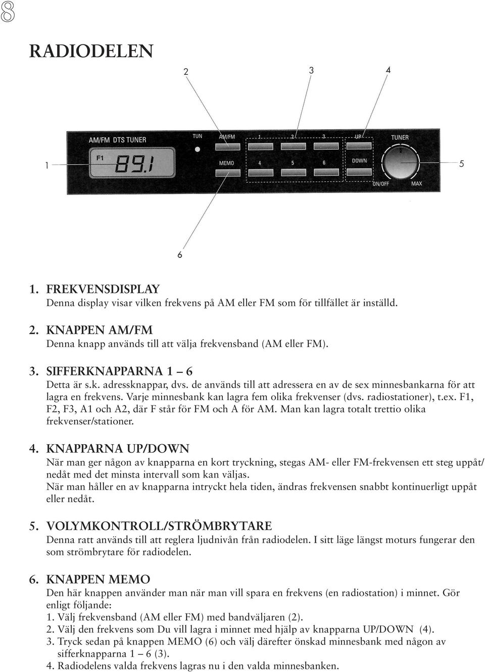 radiostationer), t.ex. F1, F2, F3, A1 och A2, där F står för FM och A för AM. Man kan lagra totalt trettio olika frekvenser/stationer. 4.