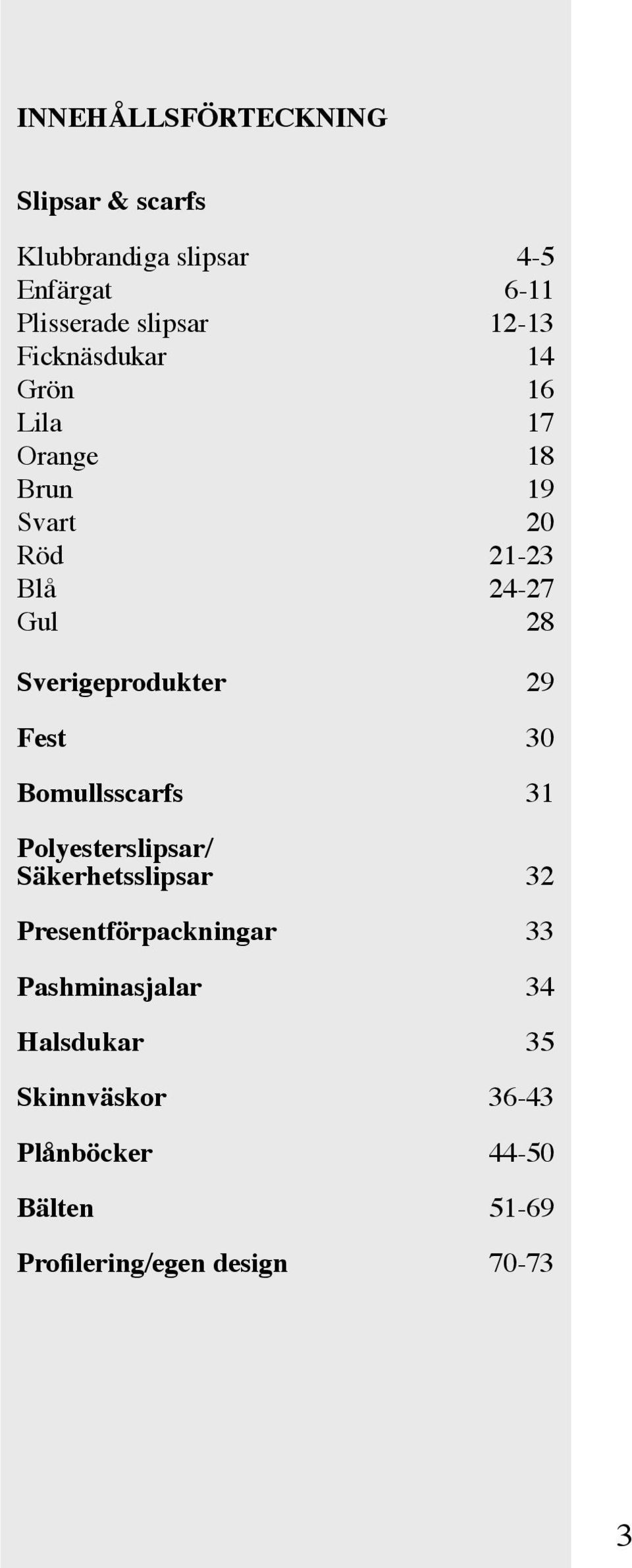 Sverigeprodukter 29 Fest 30 Bomullsscarfs 31 Polyesterslipsar/ Säkerhetsslipsar 32