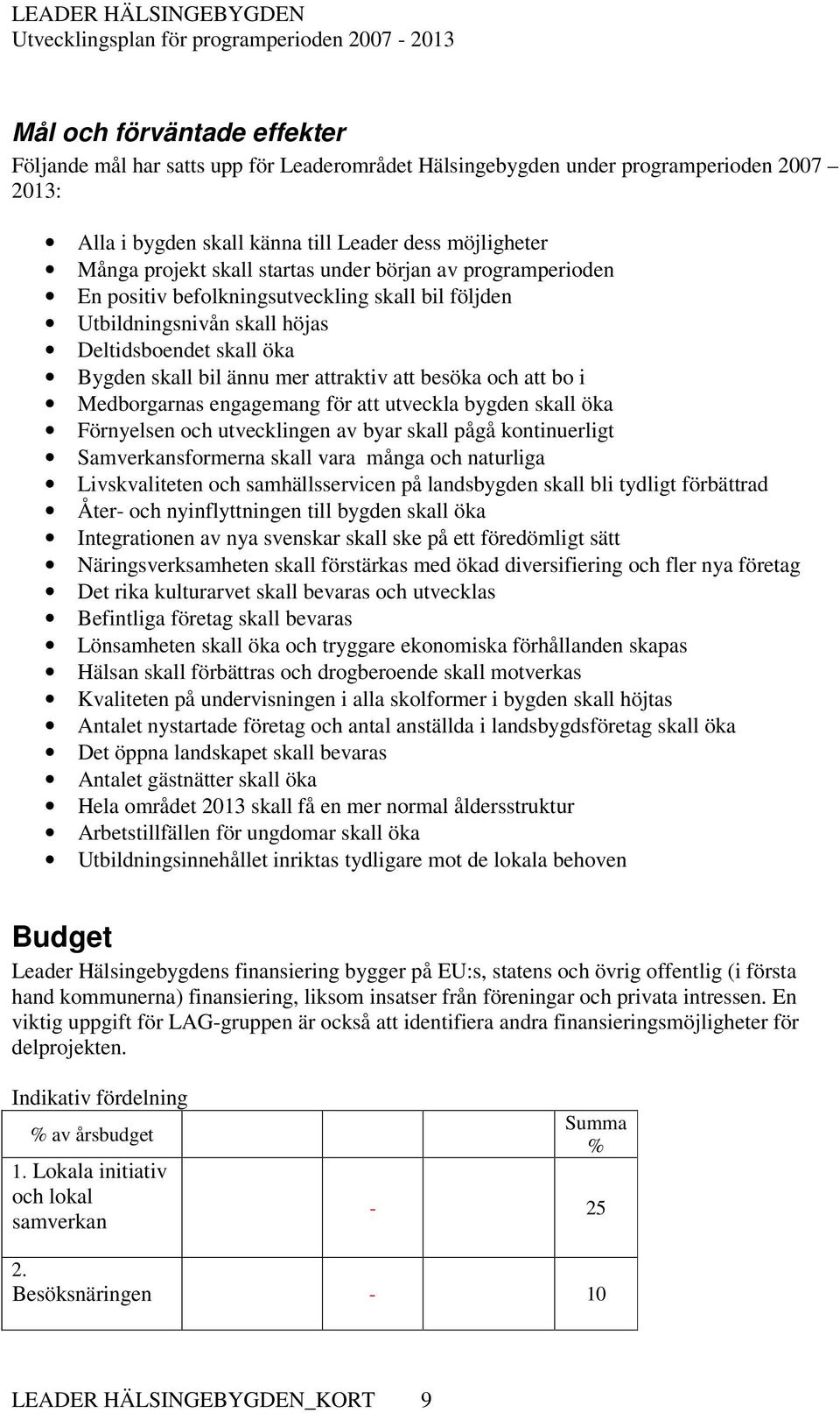 bo i Medborgarnas engagemang för att utveckla bygden skall öka Förnyelsen och utvecklingen av byar skall pågå kontinuerligt Samverkansformerna skall vara många och naturliga Livskvaliteten och