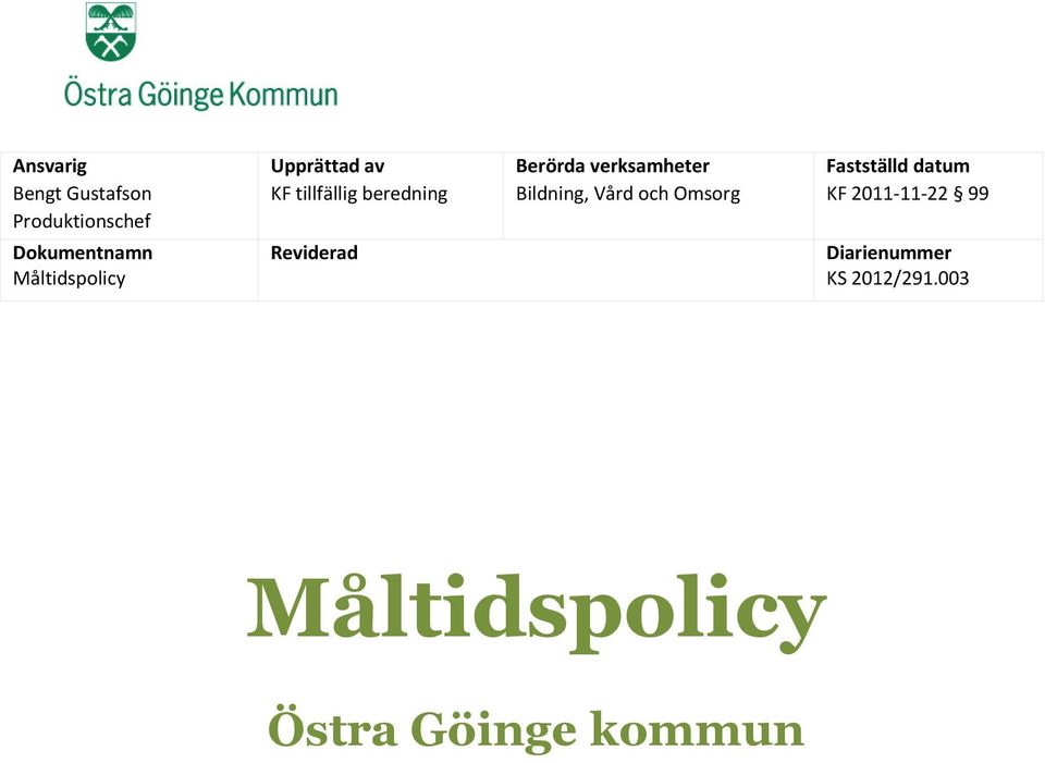 Omsorg Fastställd datum KF 2011-11-22 99 Dokumentnamn