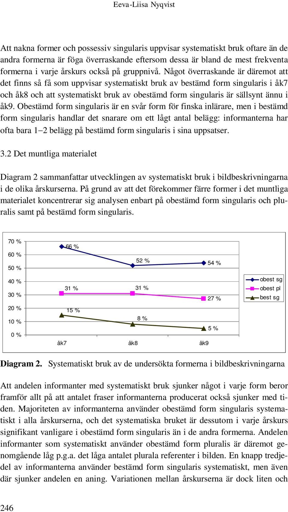 Något överraskande är däremot att det finns så få som uppvisar systematiskt bruk av bestämd form singularis i åk7 och åk8 och att systematiskt bruk av obestämd form singularis är sällsynt ännu i åk9.