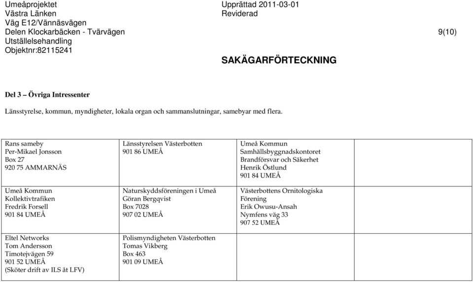 drift av ILS åt LFV) Länsstyrelsen Västerbotten 901 86 UMEÅ Naturskyddsföreningen i Umeå Göran Bergqvist Box 7028 907 02 UMEÅ Polismyndigheten Västerbotten Tomas