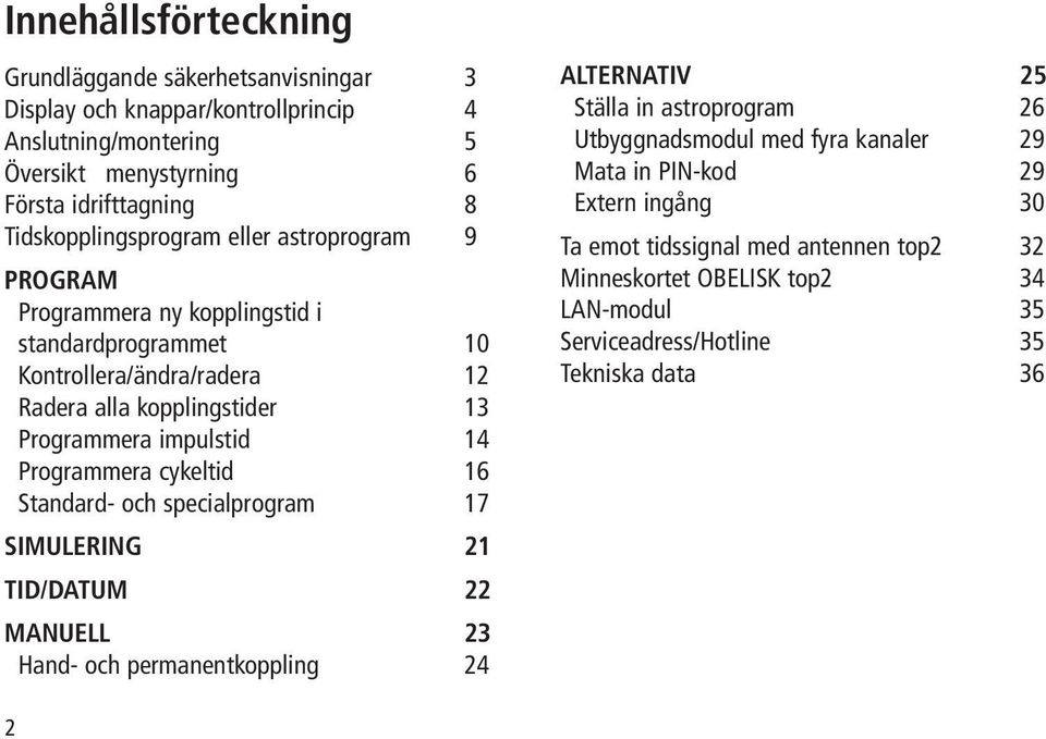 impulstid 14 Programmera cykeltid 16 Standard- och specialprogram 17 SIMULERING 1 TID/DATUM MANUELL 3 Hand- och permanentkoppling 4 ALTERNATIV 5 Ställa in astroprogram 6