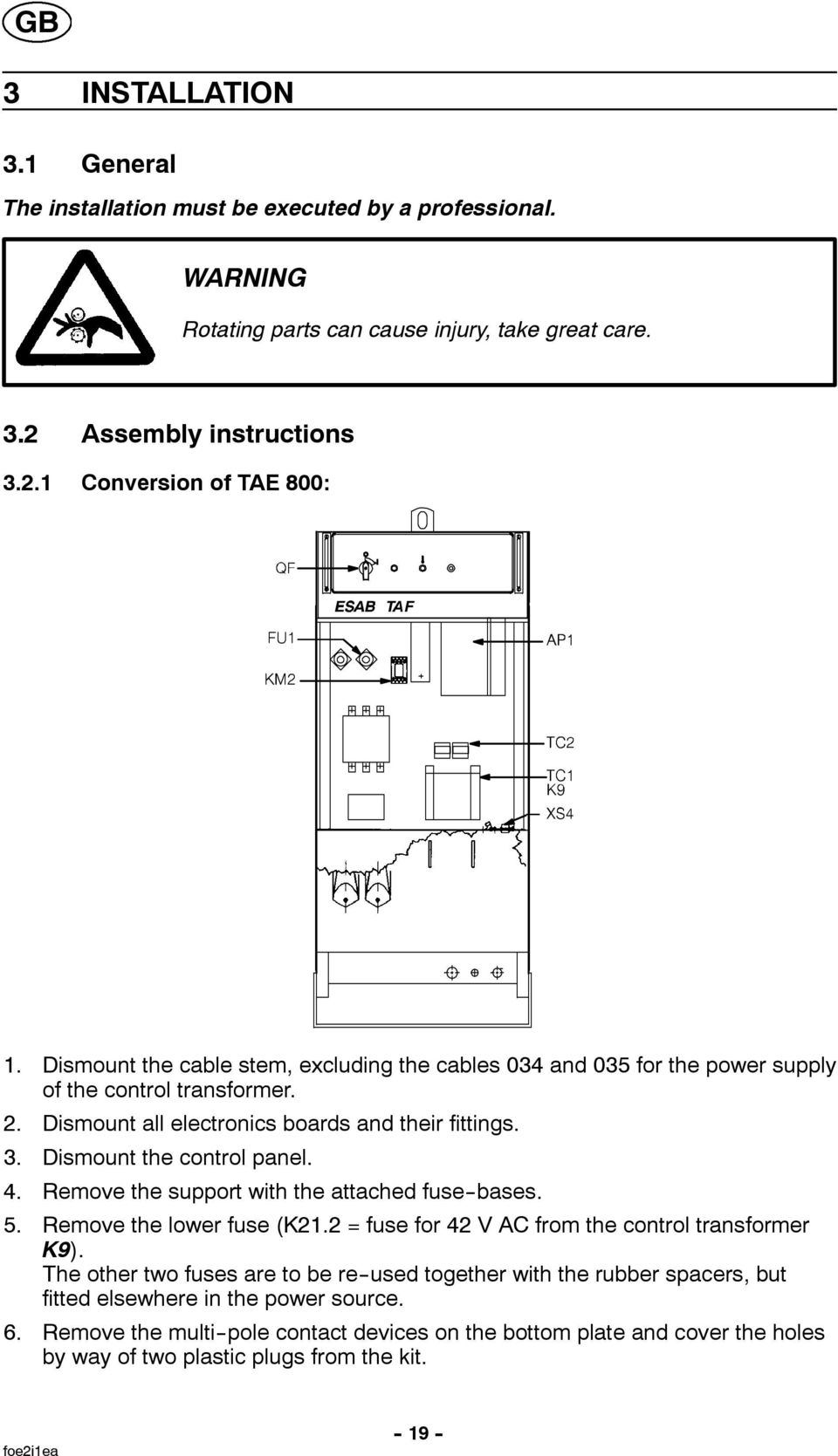 Remove the support with the attached fuse--bases. 5. Remove the lower fuse (K21.2 = fuse for 42 V AC from the control transformer K9).