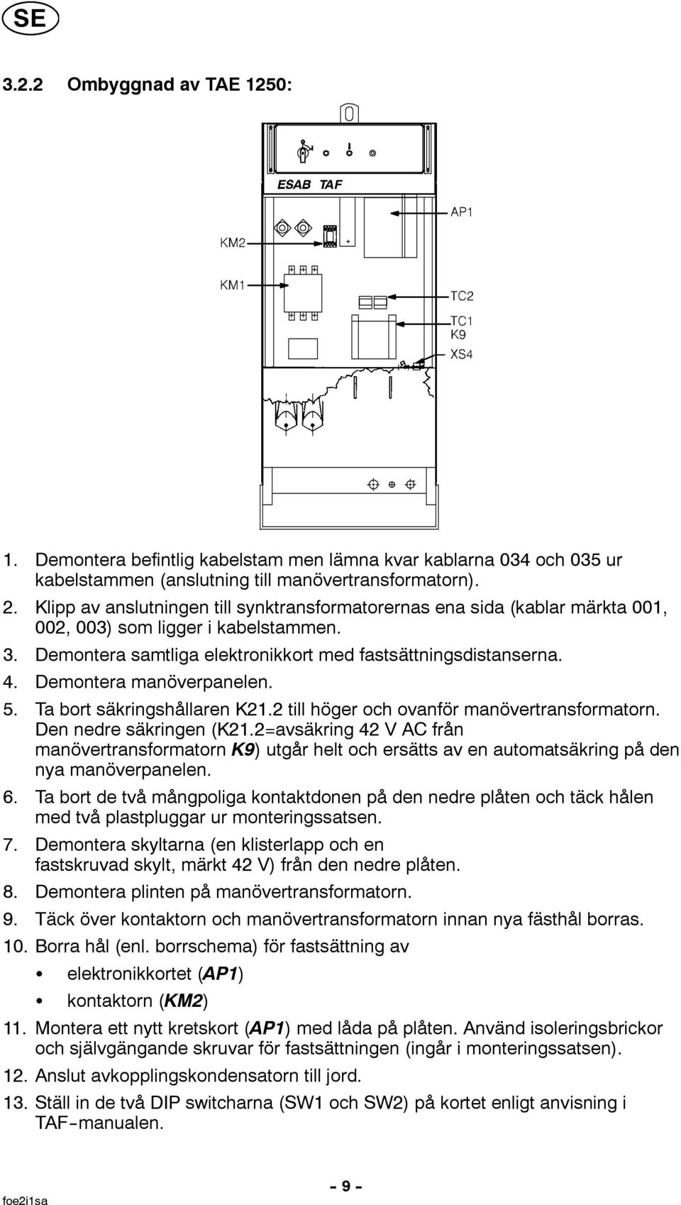 Demontera manöverpanelen. 5. Ta bort säkringshållaren K21.2 till höger och ovanför manövertransformatorn. Den nedre säkringen (K21.