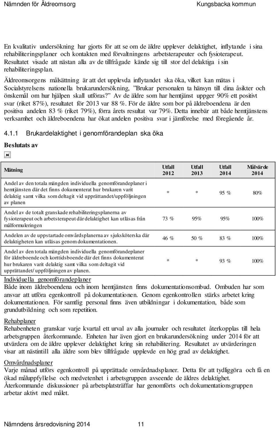 Äldreomsorgens målsättning är att det upplevda inflytandet ska öka, vilket kan mätas i Socialstyrelsens nationella brukarundersökning, Brukar personalen ta hänsyn till dina åsikter och önskemål om