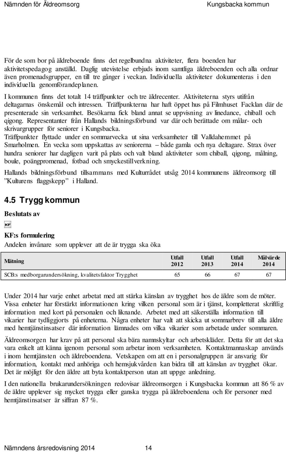 I kommunen finns det totalt 14 träffpunkter och tre äldrecenter. Aktiviteterna styrs utifrån deltagarnas önskemål och intressen.