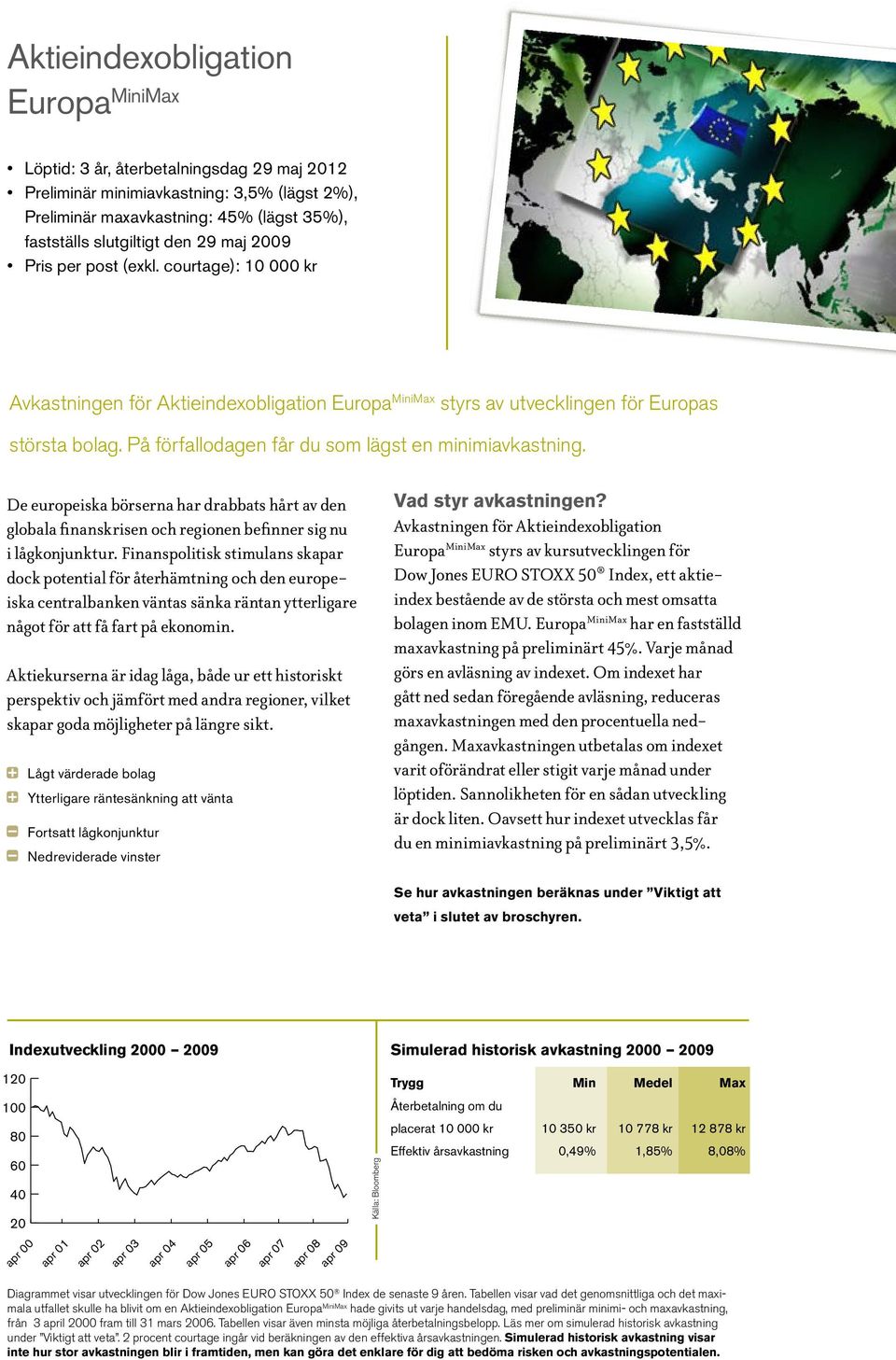 På förfallodagen får du som lägst en minimiavkastning. 400 3 De europeiska börserna har drabbats hårt av den globala finanskrisen och regionen befinner sig nu i lågkonjunktur.