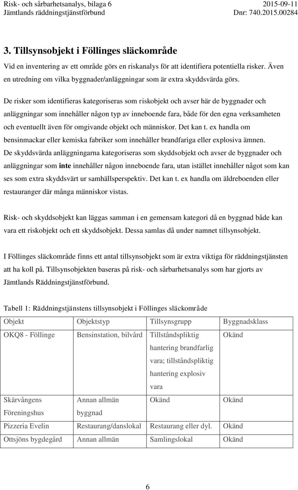 De risker som identifieras kategoriseras som riskobjekt och avser här de er och anläggningar som innehåller någon typ av inneboende fara, både för den egna verksamheten och eventuellt även för