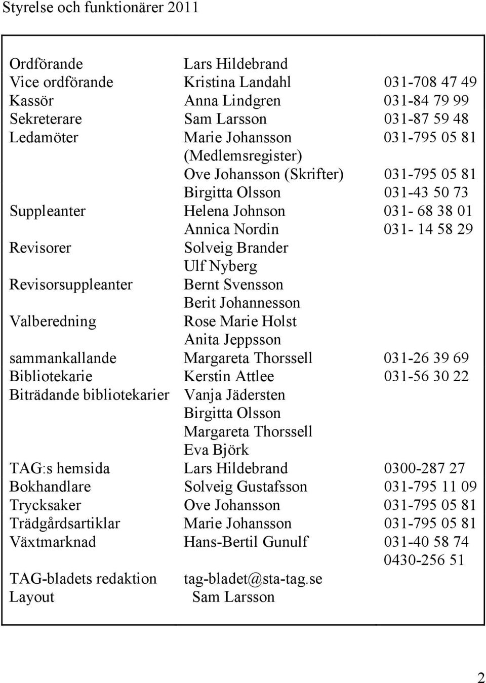 Brander Ulf Nyberg Revisorsuppleanter Bernt Svensson Berit Johannesson Valberedning sammankallande Rose Marie Holst Anita Jeppsson Margareta Thorssell 031-26 39 69 Bibliotekarie Kerstin Attlee 031-56