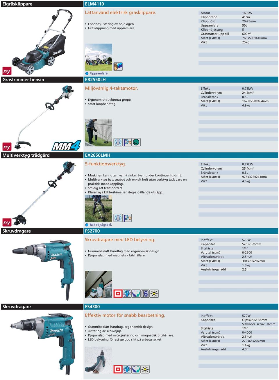 Ergonomiskt utformat grepp. Stort loophandtag. 0,71kW Cylindervolym 24,5cm 3 Bränsletank 0,5L 1623x290x464mm 4,9kg Multiverktyg trädgård EX2650LMH 5-funktionsverktyg.