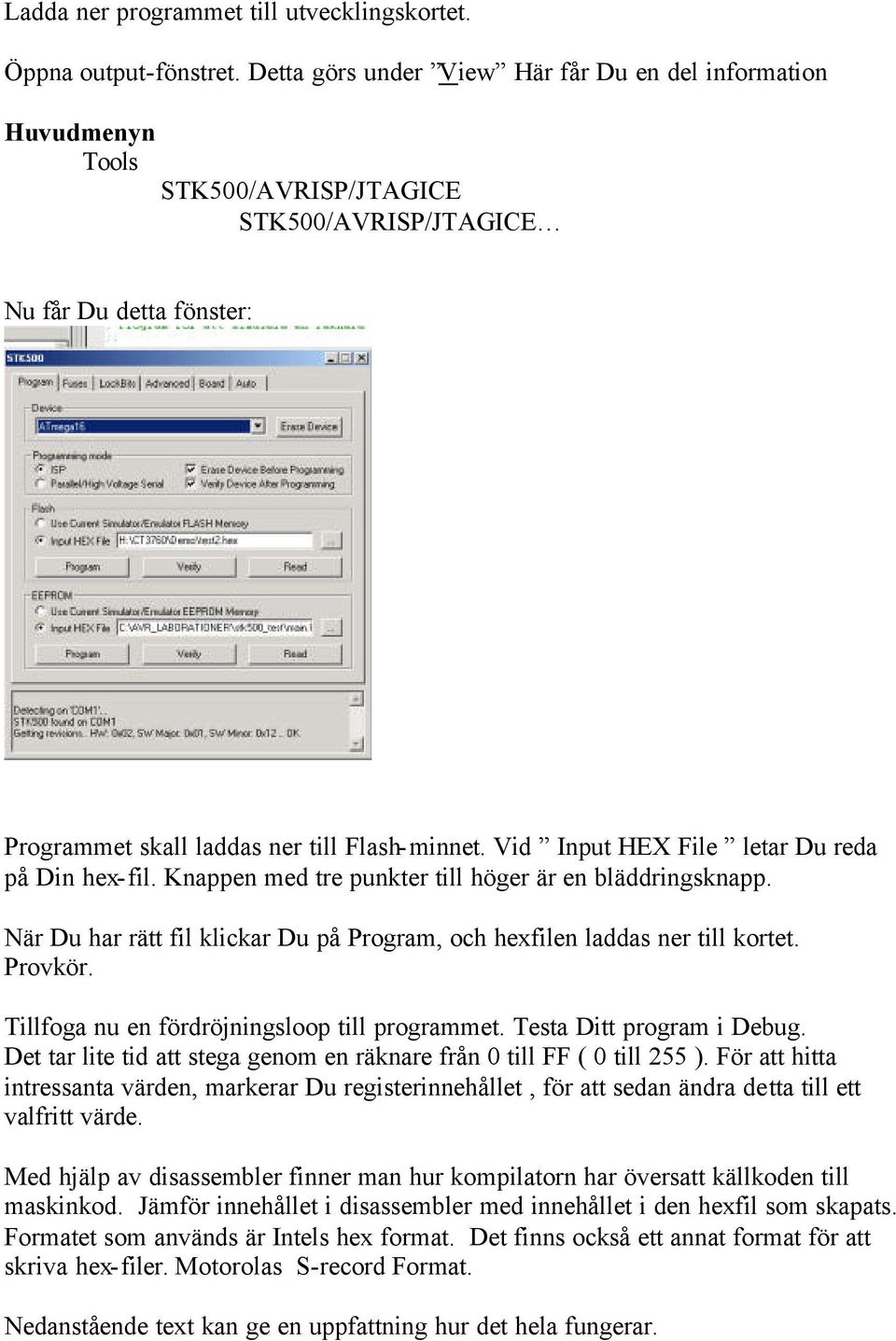 Vid Input HEX File letar Du reda på Din hex-fil. Knappen med tre punkter till höger är en bläddringsknapp. När Du har rätt fil klickar Du på Program, och hexfilen laddas ner till kortet. Provkör.