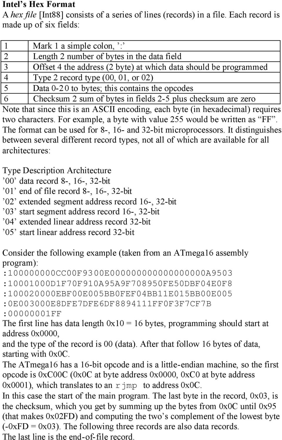 (00, 01, or 02) 5 Data 0-2_ 0 to _ this contains the opcodes 6 Checksum 2 sum of bytes in fields 2-5 plus checksum are zero Note that since this is an ASCII encoding, each byte (in hexadecimal)