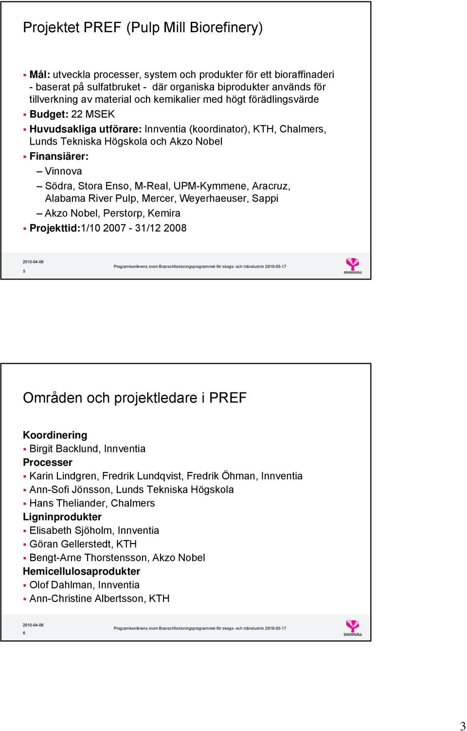 M-Real, UPM-Kymmene, Aracruz, Alabama River Pulp, Mercer, Weyerhaeuser, Sappi Akzo Nobel, Perstorp, Kemira Projekttid:1/10 2007-31/12 2008 5 mråden och projektledare i PREF Koordinering Birgit