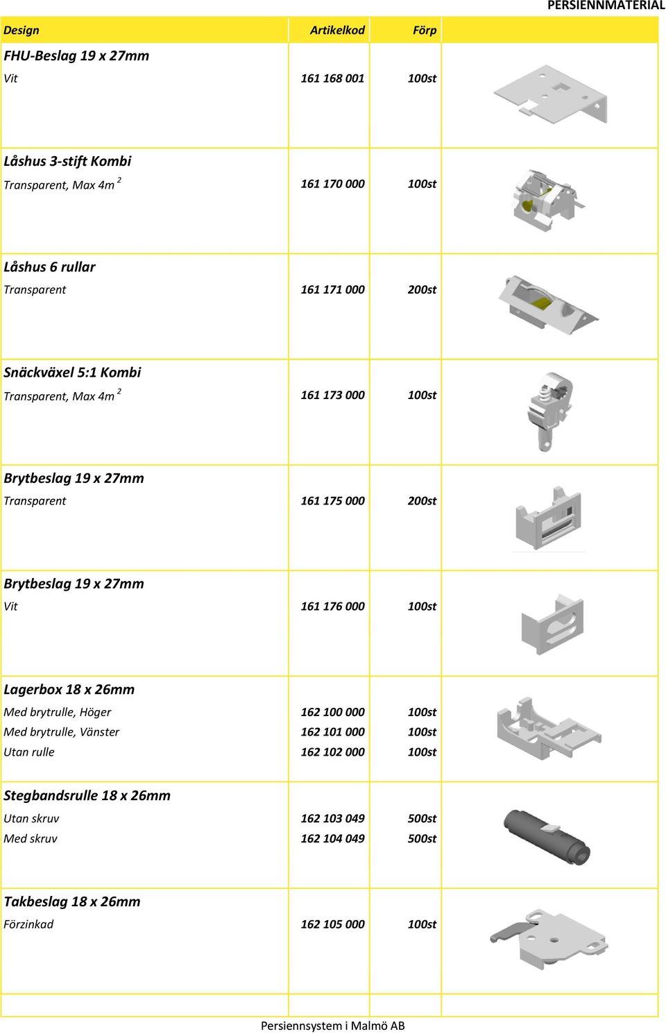 27mm Vit 161 176 000 100st Lagerbox 18 x 26mm Med brytrulle, Höger 162 100 000 100st Med brytrulle, Vänster 162 101 000 100st Utan rulle 162