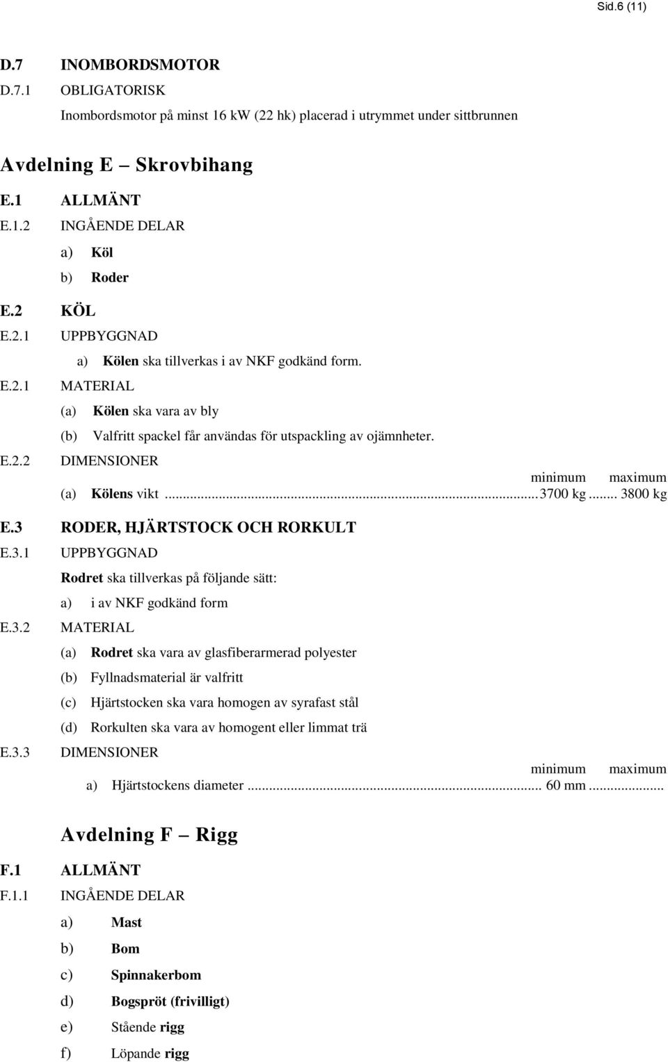 .. 3700 kg... 3800 kg E.3 RODER, HJÄRTSTOCK OCH RORKULT E.3.1 UPPBYGGNAD Rodret ska tillverkas på följande sätt: a) i av NKF godkänd form E.3.2 MATERIAL (a) Rodret ska vara av glasfiberarmerad