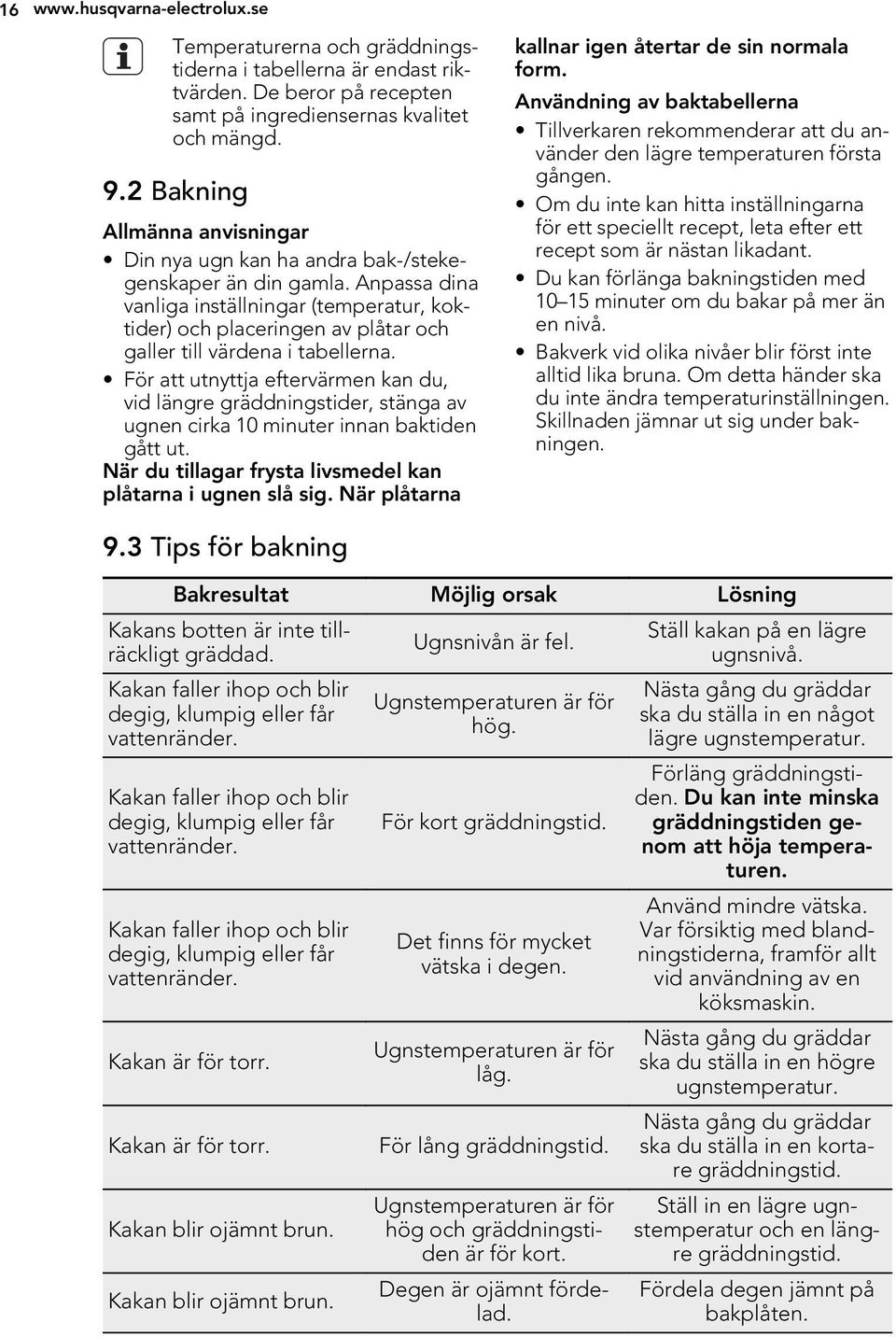 Anpassa dina vanliga inställningar (temperatur, koktider) och placeringen av plåtar och galler till värdena i tabellerna.