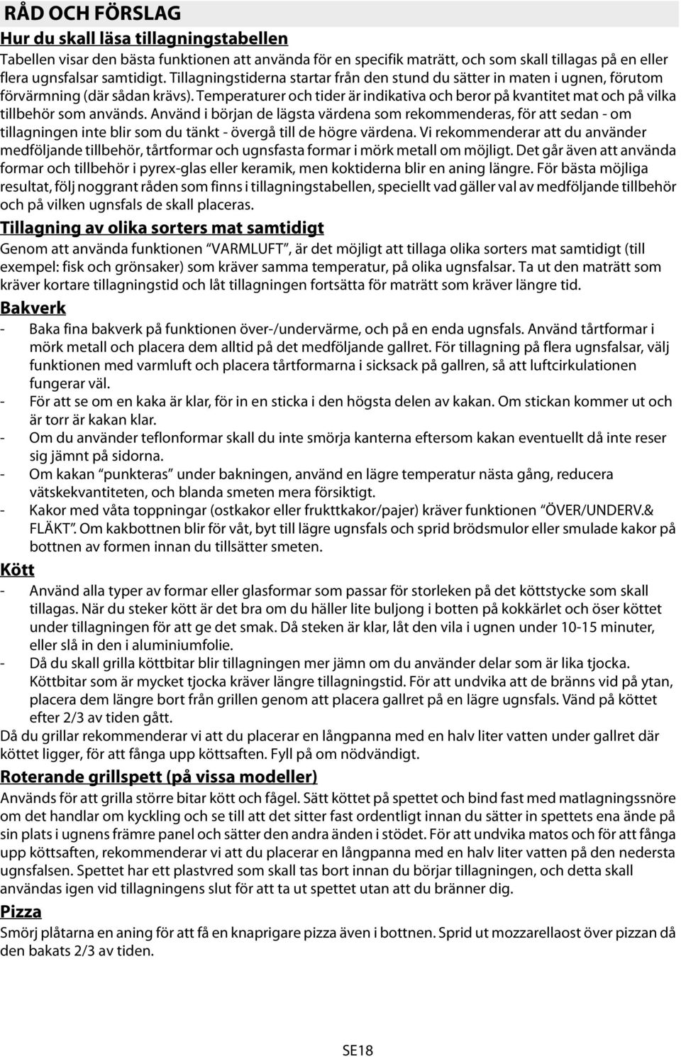 Temperaturer och tider är indikativa och beror på kvantitet mat och på vilka tillbehör som används.