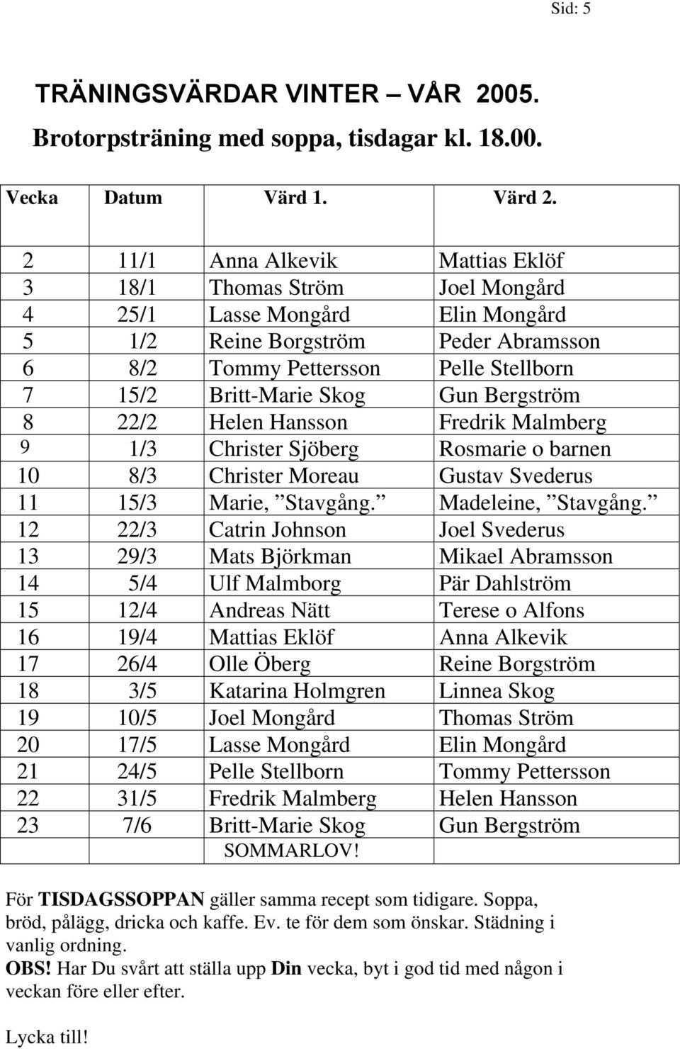 Skog Gun Bergström 8 22/2 Helen Hansson Fredrik Malmberg 9 1/3 Christer Sjöberg Rosmarie o barnen 10 8/3 Christer Moreau Gustav Svederus 11 15/3 Marie, Stavgång. Madeleine, Stavgång.