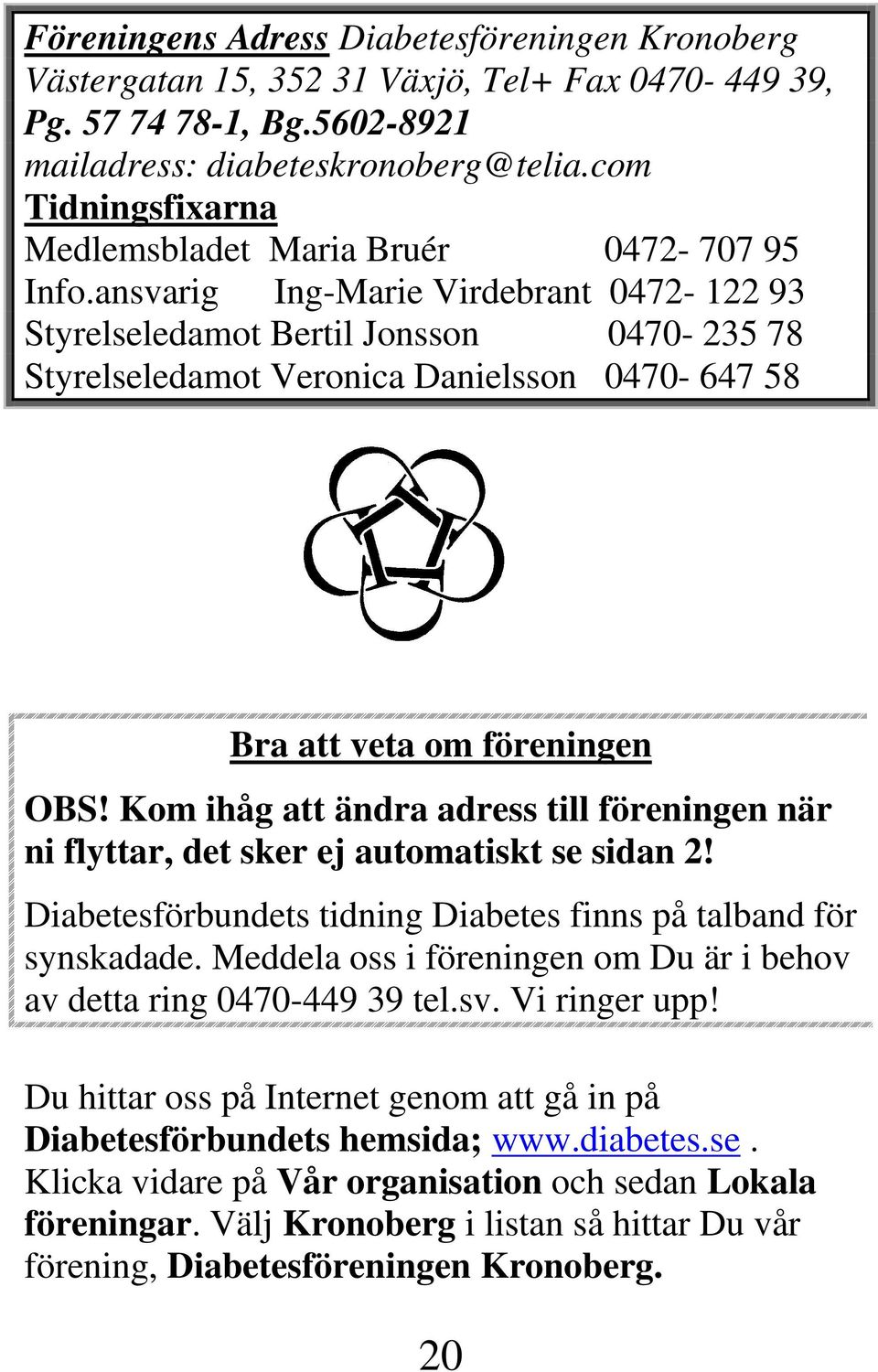 ansvarig Ing-Marie Virdebrant 0472-122 93 Styrelseledamot Bertil Jonsson 0470-235 78 Styrelseledamot Veronica Danielsson 0470-647 58 Bra att veta om föreningen OBS!