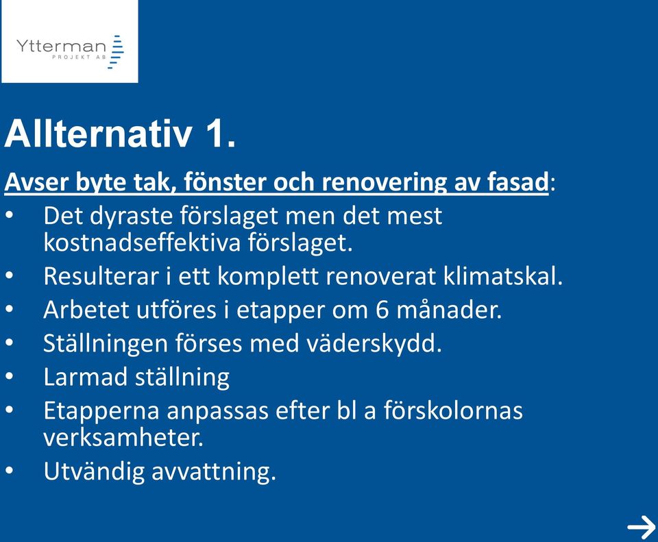 kostnadseffektiva förslaget. Resulterar i ett komplett renoverat klimatskal.