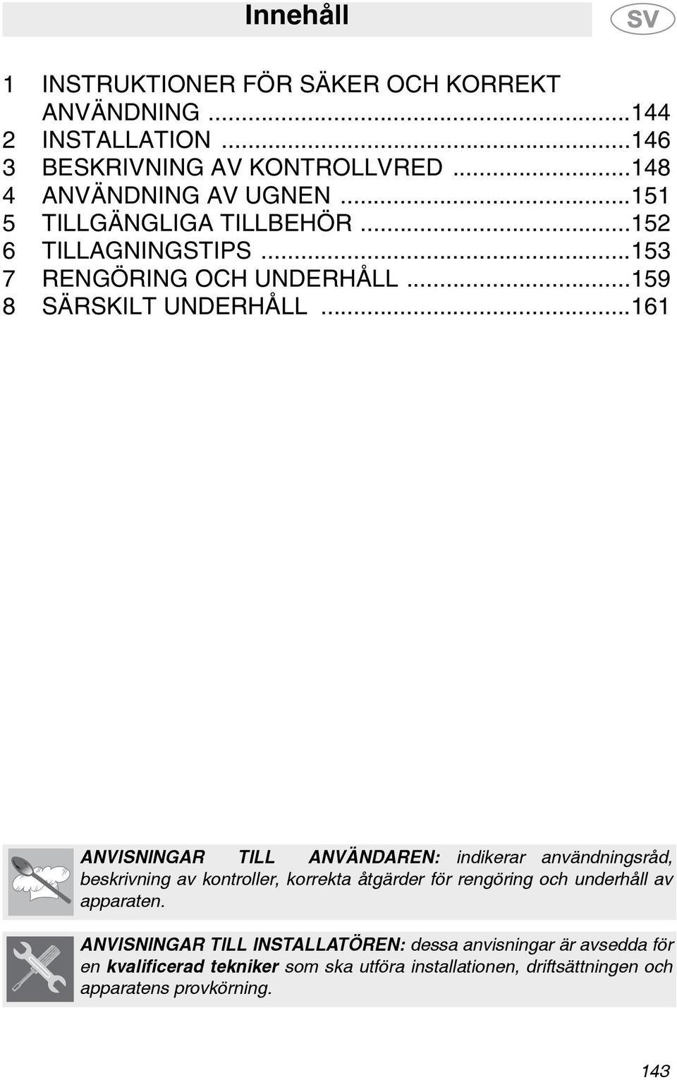 ..161 ANVISNINGAR TILL ANVÄNDAREN: indikerar användningsråd, beskrivning av kontroller, korrekta åtgärder för rengöring och underhåll av