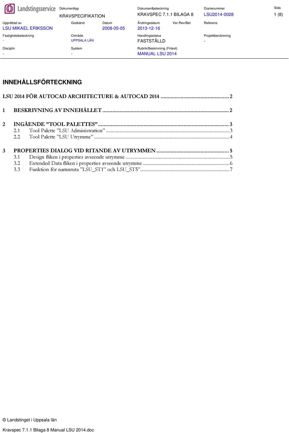 .. 2 1 BESKRIVNING AV INNEHÅLLET... 2 2 INGÅENDE TOOL PALETTES... 3 2.1 Tool Palette LSU Administration...3 2.2 Tool Palette LSU Utrymme.
