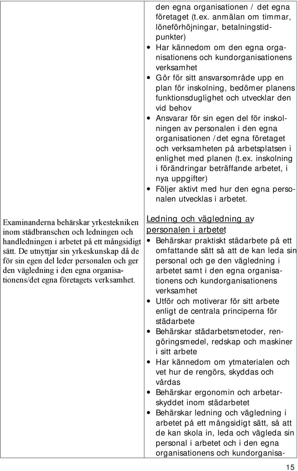 planens funktionsduglighet och utvecklar den vid behov Ansvarar för sin egen del för inskolningen av personalen i den egna organisationen /det egna företaget och verksamheten på arbetsplatsen i