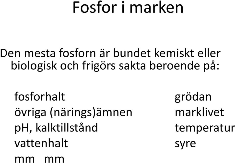 beroende på: fosforhalt övriga (närings)ämnen ph,