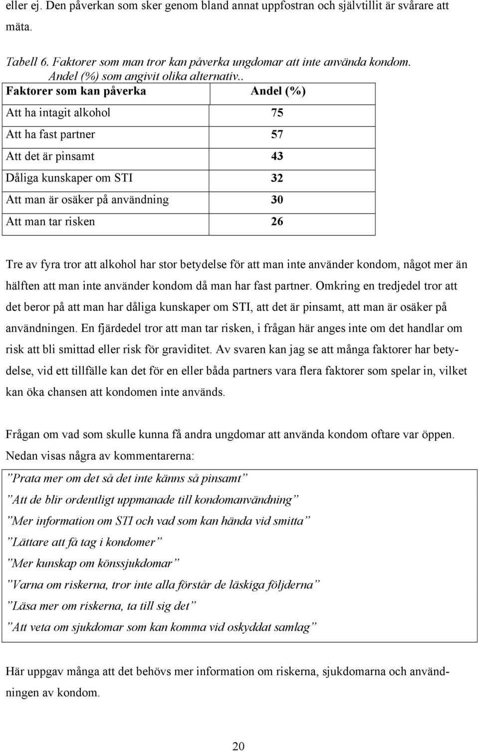 . Faktorer som kan påverka Andel (%) Att ha intagit alkohol 75 Att ha fast partner 57 Att det är pinsamt 43 Dåliga kunskaper om STI 32 Att man är osäker på användning 30 Att man tar risken 26 Tre av