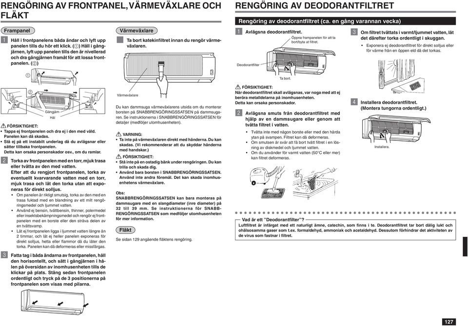 RENGÖRING AV DEODORANTFILTRET Rengöring av deodorantfiltret (ca. en gång varannan vecka) 1 Avlägsna deodorantfiltret. Deodorantfilter Ta bort. Öppna frampanelen för att ta bort/byta ut filtret.