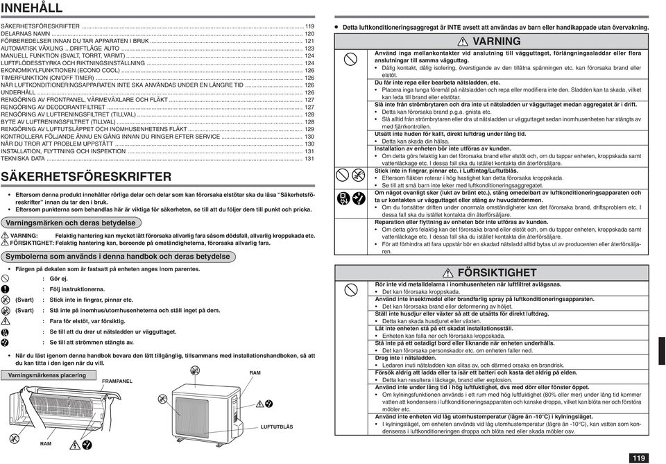 .. 126 NÄR LUFTKONDITIONERINGSAPPARATEN INTE SKA ANVÄNDAS UNDER EN LÄNGRE TID... 126 UNDERHÅLL... 126 RENGÖRING AV FRONTPANEL, VÄRMEVÄXLARE OCH FLÄKT... 127 RENGÖRING AV DEODORANTFILTRET.