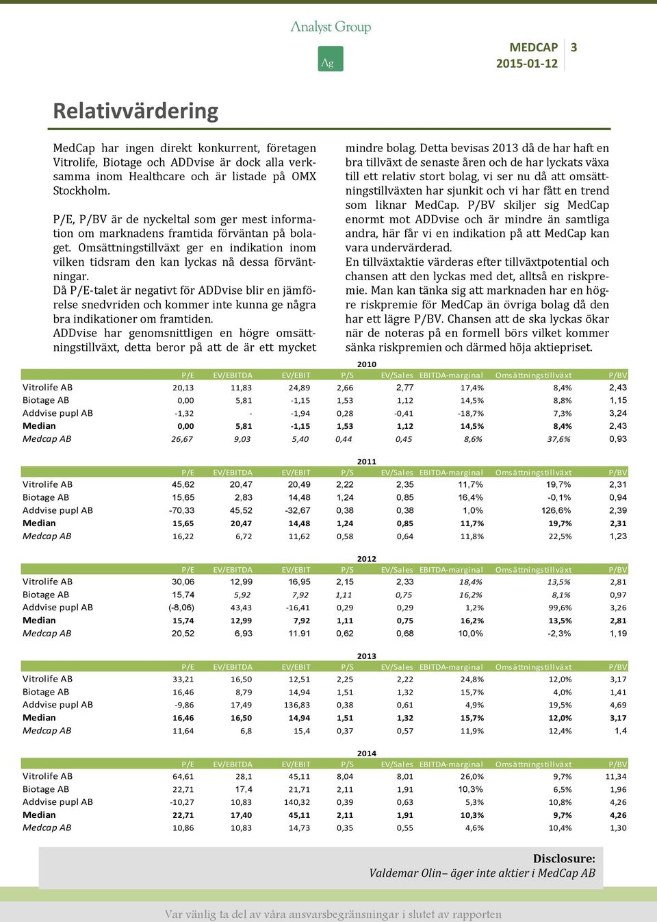 Då P/E-talet är negativt för ADDvise blir en jämförelse snedvriden och kommer inte kunna ge några bra indikationer om framtiden.