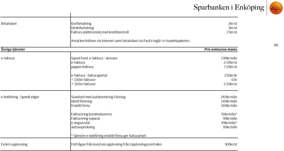 exklusive moms B6 e-faktura Speed Feed, e-faktura - skrivare 199kr/mån e-faktura 2,50kr/st pappersfaktura 7,20kr/st e-faktura - fakturaportal 250kr/år < 100st fakturor 0 kr > 100st fakturor