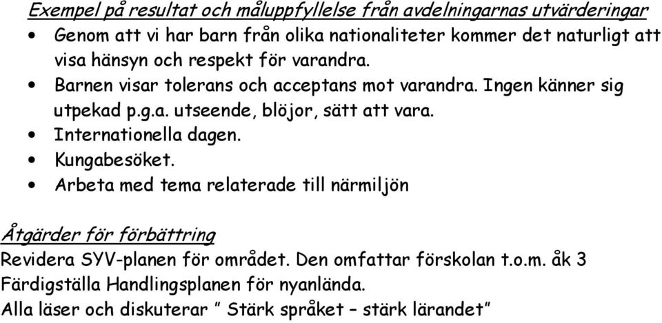 Internationella dagen. Kungabesöket. Arbeta med tema relaterade till närmiljön Åtgärder för förbättring Revidera SYV-planen för området.