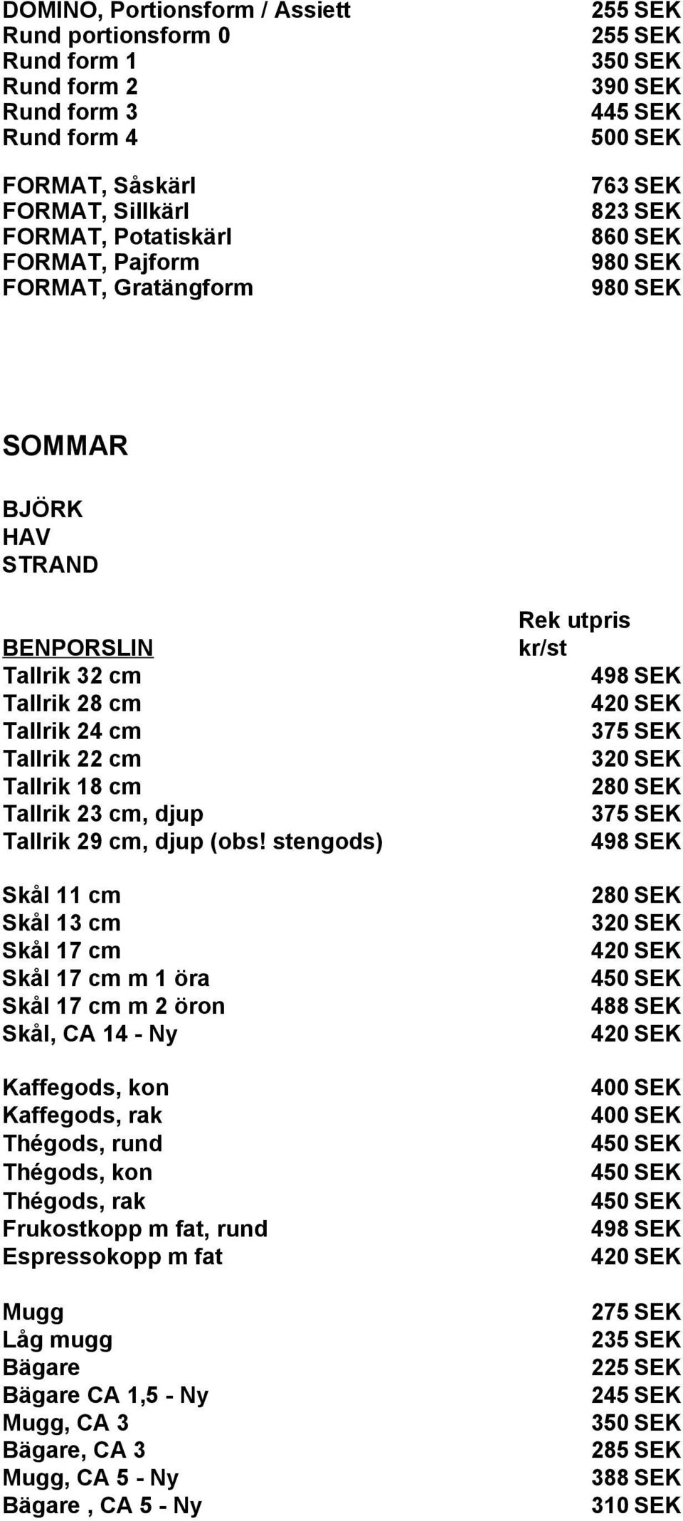 Tallrik 23 cm, djup 375 SEK Tallrik 29 cm, djup (obs!