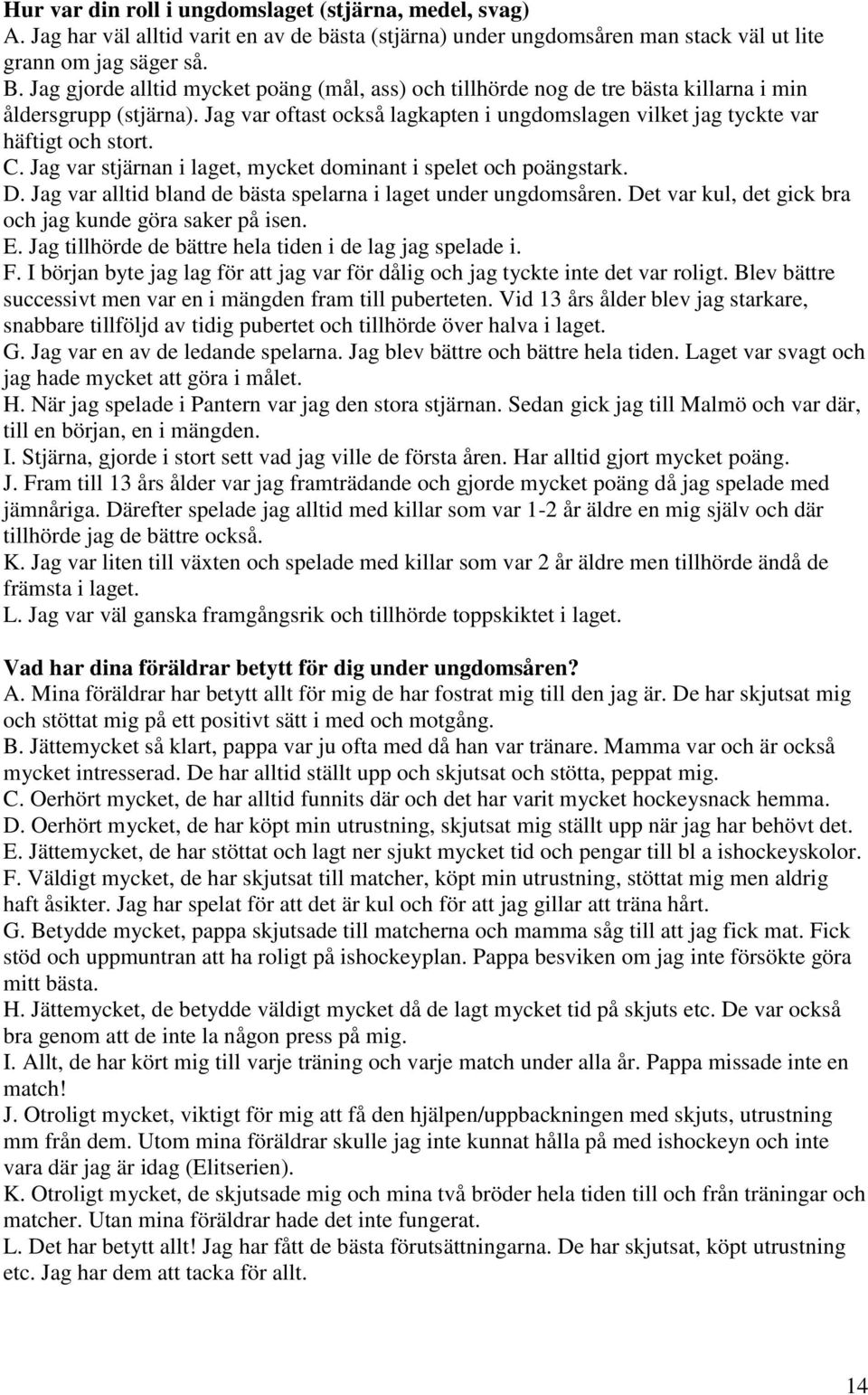 Jag var stjärnan i laget, mycket dominant i spelet och poängstark. D. Jag var alltid bland de bästa spelarna i laget under ungdomsåren. Det var kul, det gick bra och jag kunde göra saker på isen. E.