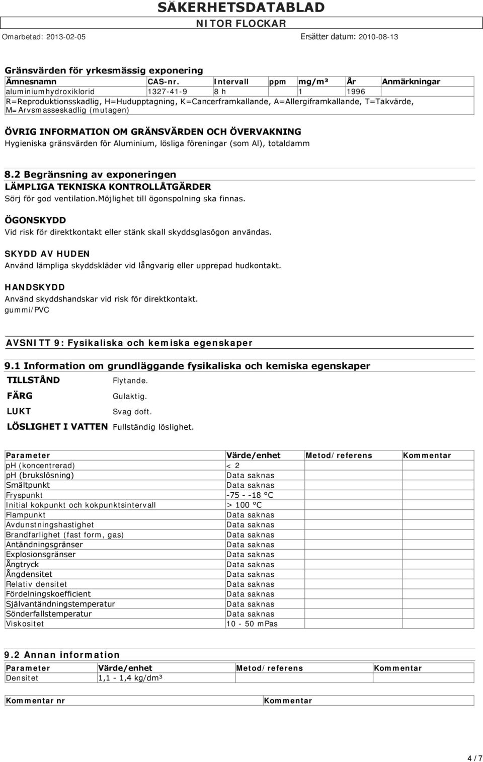 (mutagen) ÖVRIG INFORMATION OM GRÄNSVÄRDEN OCH ÖVERVAKNING Hygieniska gränsvärden för Aluminium, lösliga föreningar (som Al), totaldamm 8.