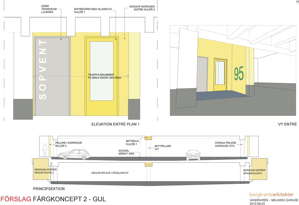 MÖRKT GRÅ VÄGGAR MÅLADE I HÖGBLANK VIT MITTBALK KULÖR 1 MITTPELARE VIT ÖVRIGA PELARE GARGAGE VITA INDRAGNA ENTRÉER VÄGGAR KULÖR 2 ELEVATION ENTRÉ PLAN