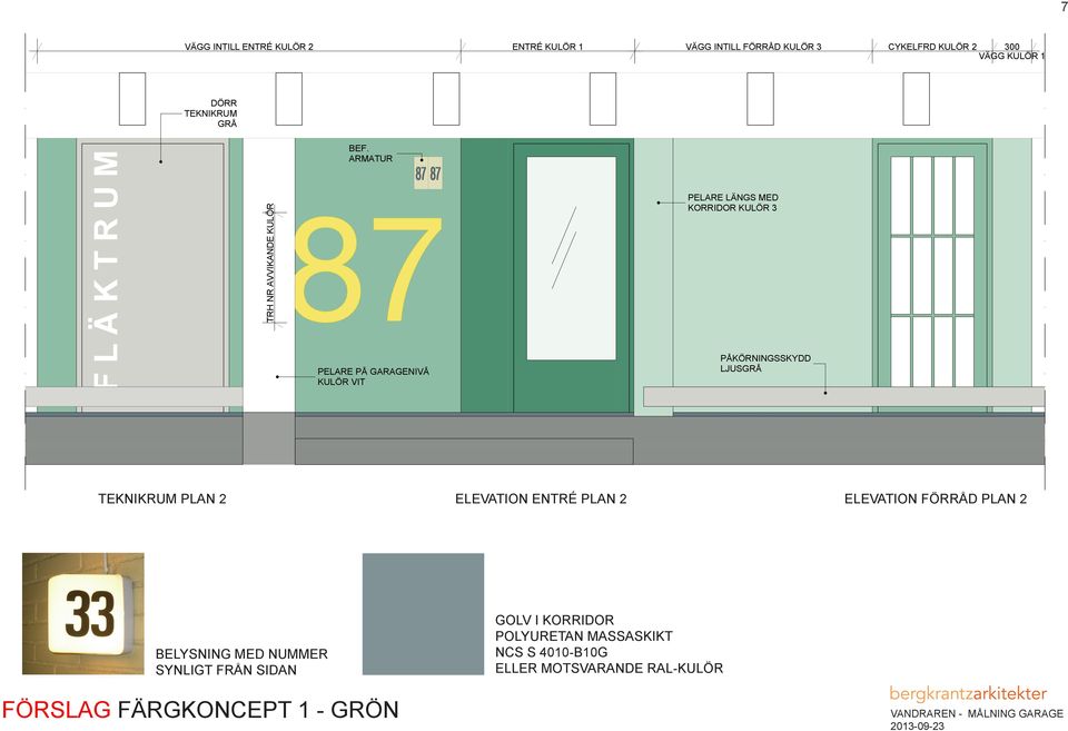 ARMATUR PELARE PÅ GARAGENIVÅ KULÖR VIT PELARE LÄNGS MED KORRIDOR KULÖR 3 PÅKÖRNINGSSKYDD LJUSGRÅ TEKNIKRUM PLAN 2