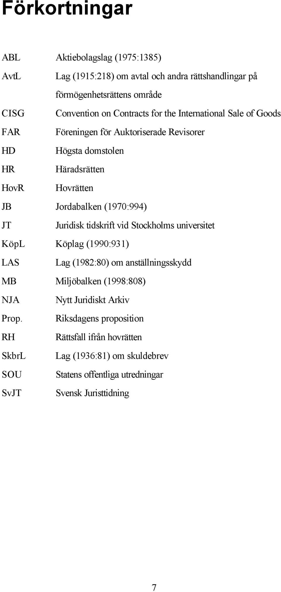 (1970:994) JT Juridisk tidskrift vid Stockholms universitet KöpL Köplag (1990:931) LAS Lag (1982:80) om anställningsskydd MB Miljöbalken (1998:808) NJA Nytt