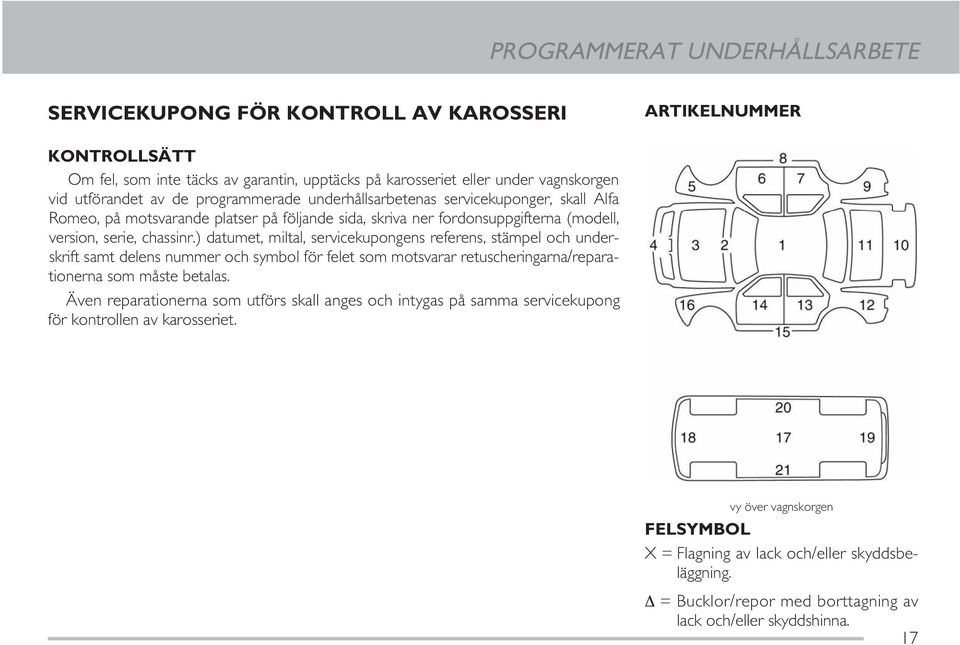 ) datumet, miltal, servicekupongens referens, stämpel och underskrift samt delens nummer och symbol för felet som motsvarar retuscheringarna/reparationerna som måste betalas.