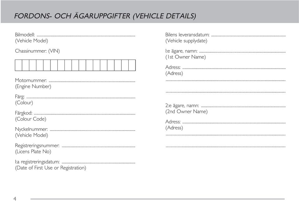 .. (Licens Plate No) Bilens leveransdatum:... (Vehicle supplydate) I:e ägare, namn:... (1st Owner Name) Adress:.