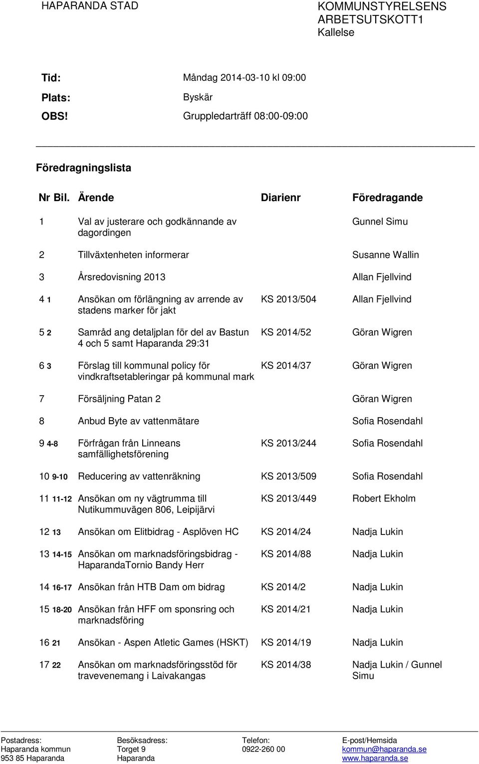 av arrende av stadens marker för jakt 5 2 Samråd ang detaljplan för del av Bastun 4 och 5 samt Haparanda 29:31 6 3 Förslag till kommunal policy för vindkraftsetableringar på kommunal mark KS 2013/504