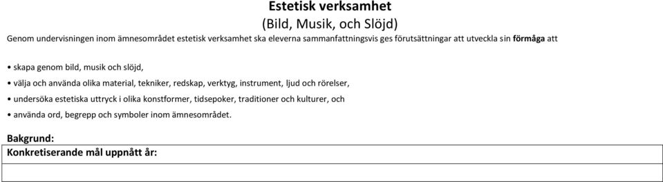 olika material, tekniker, redskap, verktyg, instrument, ljud och rörelser, undersöka estetiska uttryck i olika konstformer,