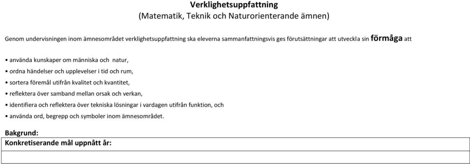 upplevelser i tid och rum, sortera föremål utifrån kvalitet och kvantitet, reflektera över samband mellan orsak och verkan, identifiera och